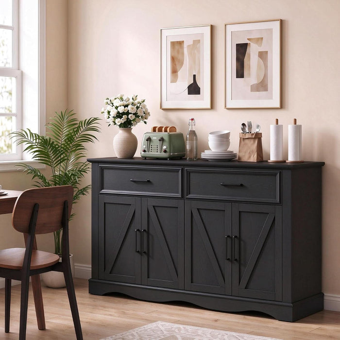 56" Farmhouse Black Buffet Cabinet with Charging Station