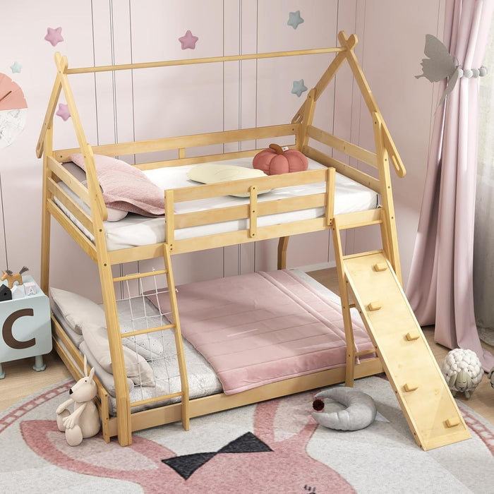 TwoTier Overhead Queen SolidWood Bunk Bed ClimbingNets