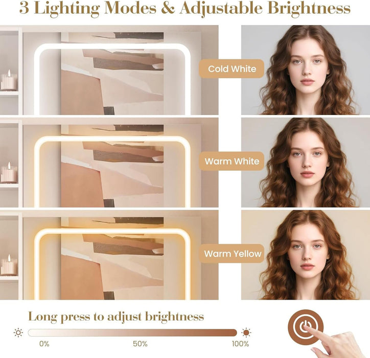 Small Vanity Desk with Mirror & Lights, Pink Makeup Vanity with Charging Station & Storage Chair, Dressing Table Set with Drawer & Shelves for Compact Bedroom Space, White