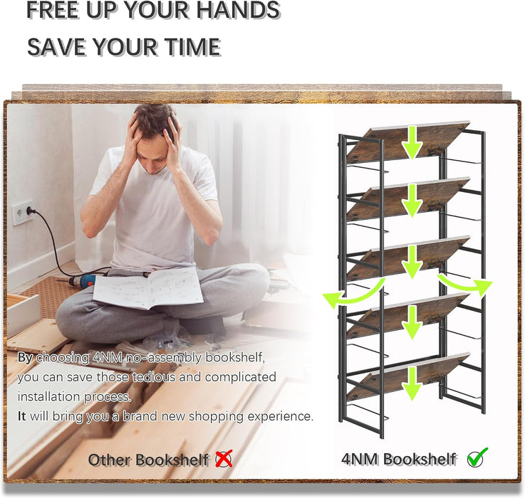 No Assembly 5 Tier Collapsible Book Shelves, 51.2" H X 23.6" W Folding Bookshelf Bookcase Open Industrial Foldable Shelf for Bedroom, Living Room, Home Office - Rustic Brown