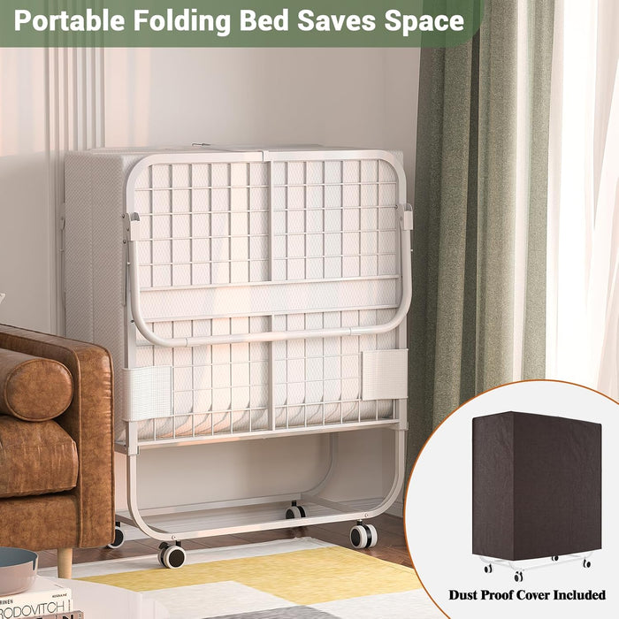Folding Bed with Mattress for Adults, 75" X 31" Cot Size Portable Rollaway Guest Bed with Memory Foam Mattress and Metal Frame on Wheels, Space-Saving Foldable Design, White