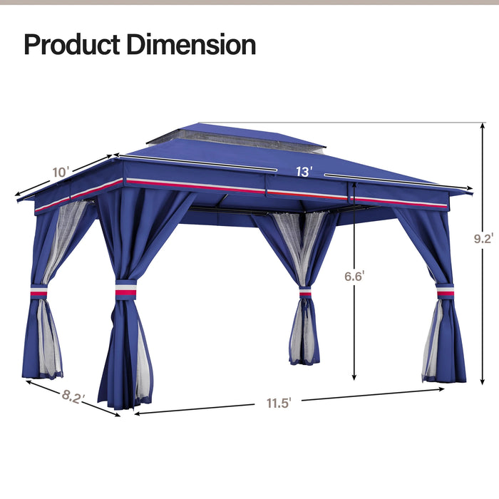 10'X13' Patio Gazebo, Double Roof Outdoor Shelter Tent with Mosquito Nettings and Privacy Screens, Classic Blue