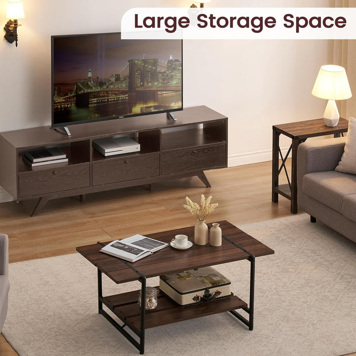 2-Tier Modern Industrial 41'' Large Wood Coffee Table with Storage Shelf - Rustic Metal Rectangle Center Living Room Coffee Table Accent Furniture for Home Office, Brown Walnut