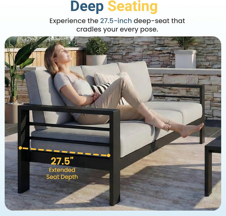 Aluminum Patio Furniture Set for All Weather, Oversized Metal Outdoor Furniture Set with 27.5" Deep Seat and 10" Back Cushion, Patio Conversation Sets with Wide Armrest, Light Gray