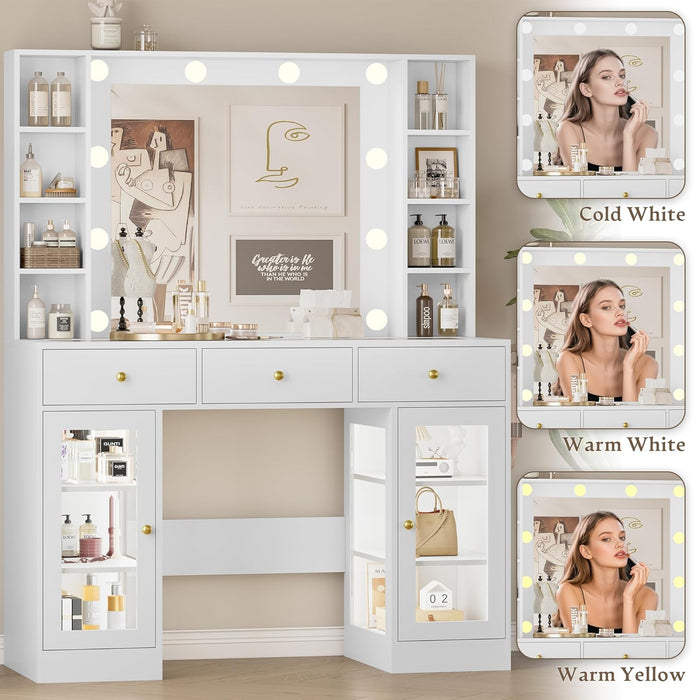 Makeup Vanity Desk with Mirror and Lights, White Vanity with Glass Top, LED Lights & Power Outlet, 3 Drawers & 2 RGB Glass Cabinets, Adjustable Lighted Dressing Table for Women & Girls Bedroom