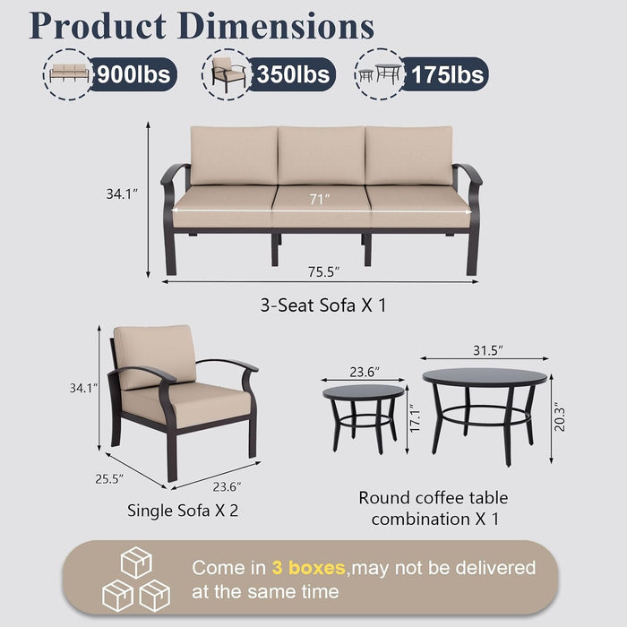 Aluminum Patio Furniture Set with round Coffee Tables, 5-Seat Outdoor Sectional Furniture W/5.1" Cushions, Patio Conversation Set for Porch, Backyard, Poolside-Sand