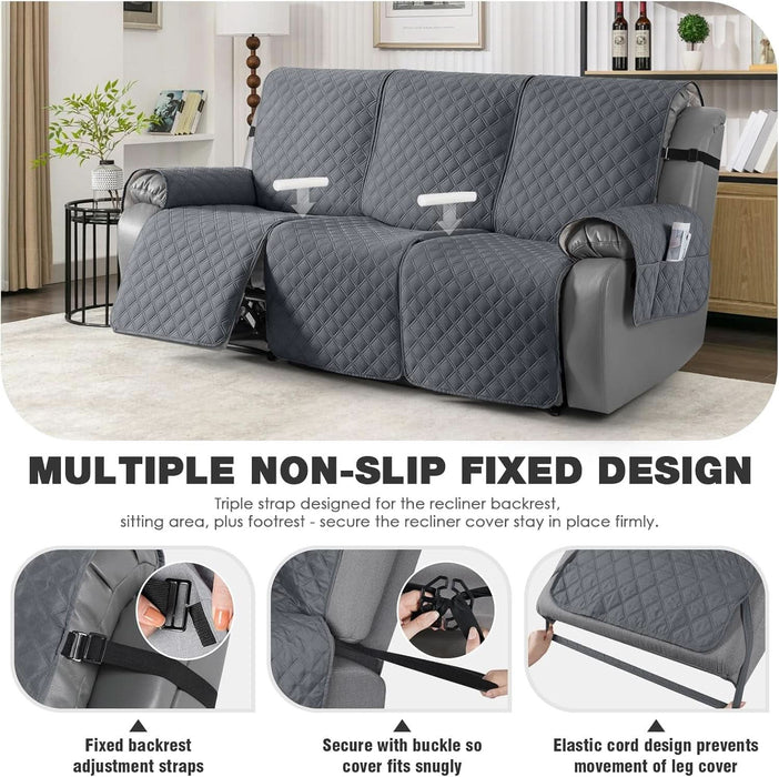 100% Waterproof Recliner Couch Covers, Recliner Sofa Covers with Leg Straps, 1-Piece Washable Reclining Sofa Cover with Pocket Couch Protector for Pets Kids(3 Seater, Dark Grey)
