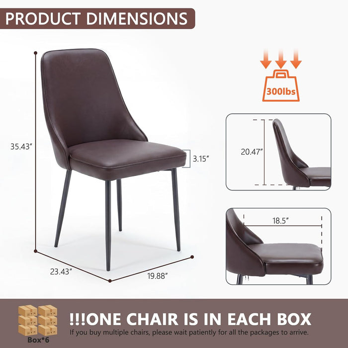 Dining Chairs Set of 6,Dining Room Chairs, Upholstered High Back Side Modern Chairs with Metal Legs, Easy‑To‑Clean Leather Kitchen Chairs for Dining Room Living Room Brown