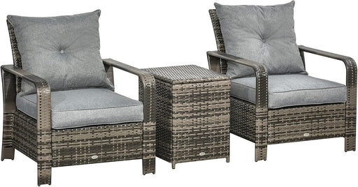 3 Piece Patio Furniture Set, PE Rattan Wicker Storage Table and Chairs W/Tufted Cushions for Outdoor Garden, Backyard, Poolside, Balcony, Gray