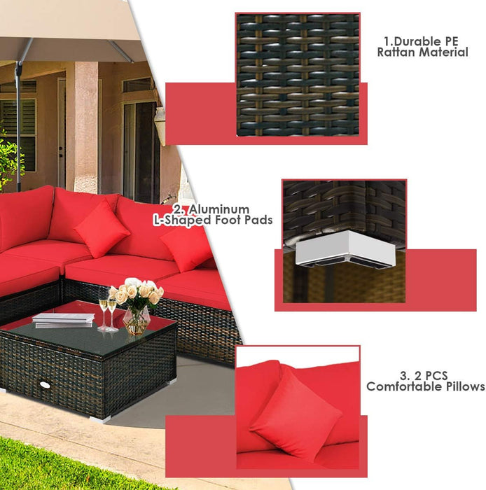 5-Piece Patio Conversation Set - Outdoor PE Rattan Furniture Set W/Glass Coffee Table, Back & Seat Cushions, Soft Pillows, Sectional Sofa Set for Porch, Backyard (Red)