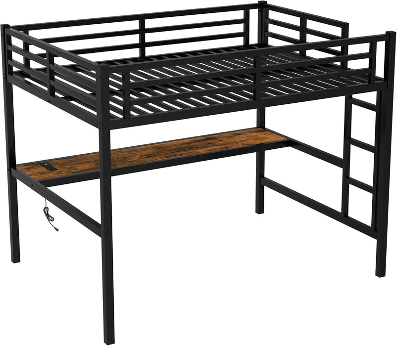 Full Size Metal Loft Bed with Desk and LED Lights,Heavy Duty Loft Bed Frame with Charging Station and USB for Kids,Teens,Adults,Full Size,Black