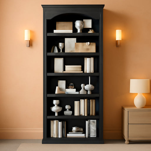 80.9 in Tall Arched Bookcase, Vintage 6-Tier Black Bookshelf with Classic Roman Column Design & Open Shelves for Living Room, Kitchen, Black