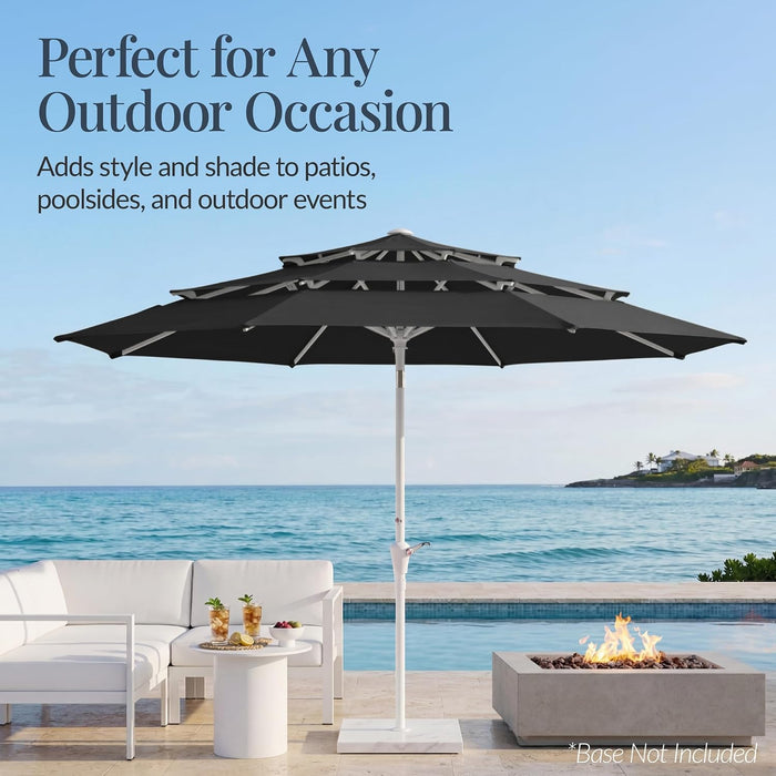 10Ft 3-Tier Patio Umbrella White Pole, Outdoor Market Umbrella with Push Button Tilt and Crank Lift, Steel Pole Umbrella for Backyard Patio Pool Outdoor Shade