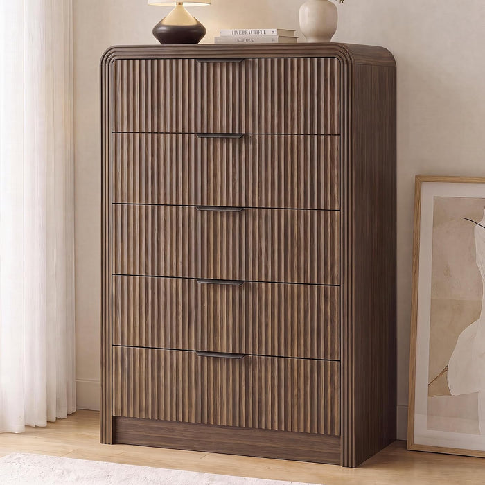 Fluted Wood Dresser 5 Drawers 48" Tall Curved Modern Chest Organizer