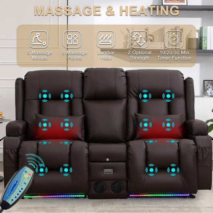 Loveseat Recliner Sofa with Massage and Heat, Power Reclining Loveseat Sofa RV Couch with Console, Home Theater Seating with LED Lights, Bluetooth Speaker, USB, Outlets, Faux Leather, Dark Brown