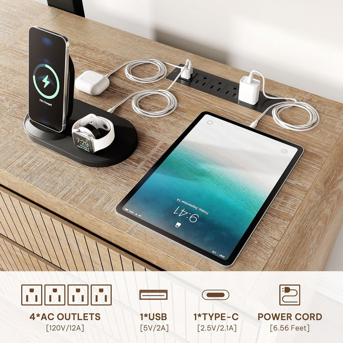 6 Drawers TV Stand with Mount for 26''-75'' Tvs, 53 Inch Entertainment Center W/Power Outlet, Curved Profile Design, Height Adjustable, Media Console with Drawer for Living Room, Natural Oak