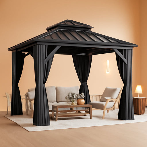 10'X10' Outdoor Hardtop Gazebo with Double Roof - Heavy-Duty Steel Top Aluminum Frame Gazebo with Breathable Netting & Privacy Curtain for Patio, Porch, Garden, Lawn, Deck, Backyard
