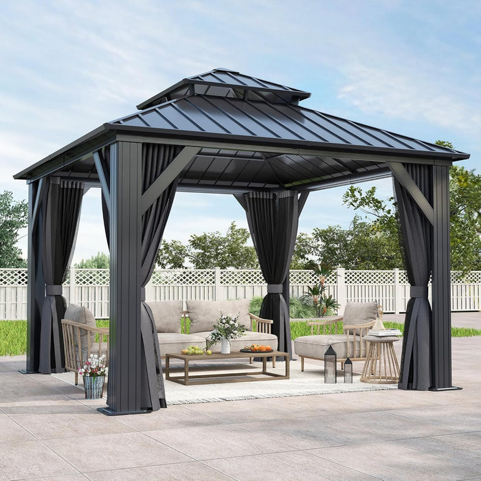 10'X10' Outdoor Hardtop Gazebo with Double Roof - Heavy-Duty Steel Top Aluminum Frame Gazebo with Breathable Netting & Privacy Curtain for Patio, Porch, Garden, Lawn, Deck, Backyard