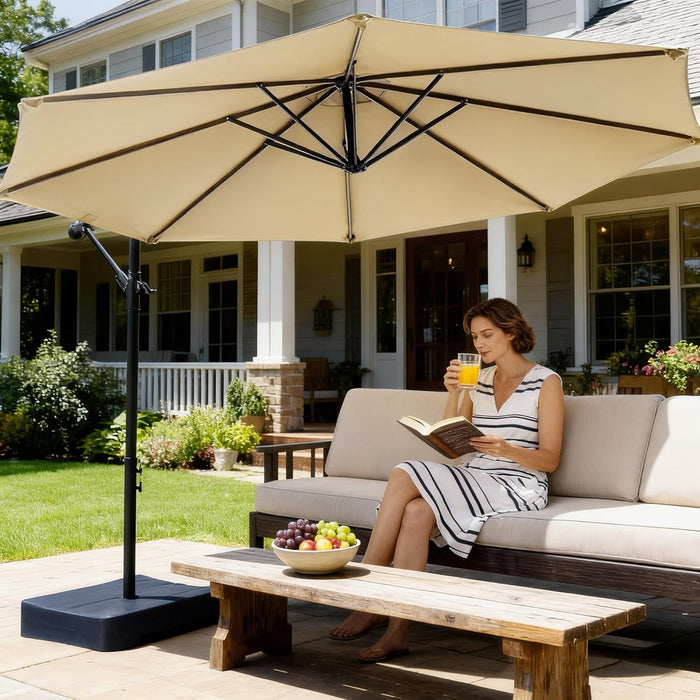 10FT Cantilever Offset Patio Umbrella with Base Included, Outdoor Patio Umbrella, Fade-Resistant Yarn-Dyed Canopy with PU Coating, 360° Rotation & Infinite Tilt, Heavy Duty 8-Rib Steel Frame for Patio, Pool, Deck, Backyard, Beige