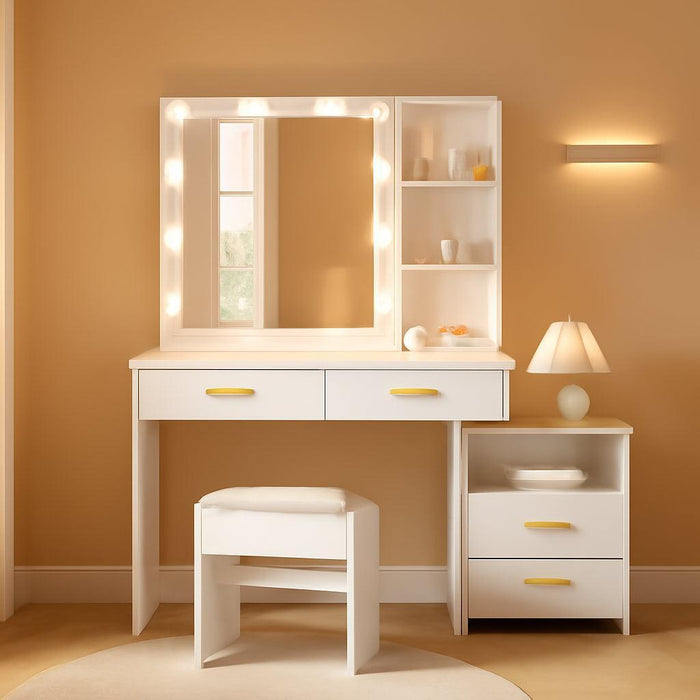 Makeup Vanity Desk with Mirror and 10 LED Lights, White Vanity with Power Outlet, 5 Drawers & Shelves, 3 Light Modes, Dressing Table with Stool for Bedroom UBDT58W