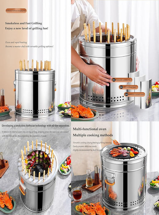 Stainless Steel Charcoal Smoker Grill,Portable Outdoor Smokers with Even Heat Distribution, with Heat-Resistant Handle, Small Charcoal Smoker for Grilling Meat Veggies(Double,Medium)