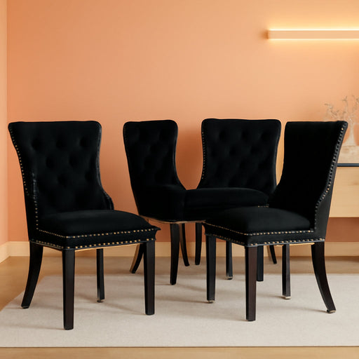 Velvet Dining Chairs Set of 4, Upholstered Dining Room Chairs with Ring Pull Trim and Button Back, Luxury Tufted Dining Chairs for Living Room, Bedroom, Kitchen (Black)