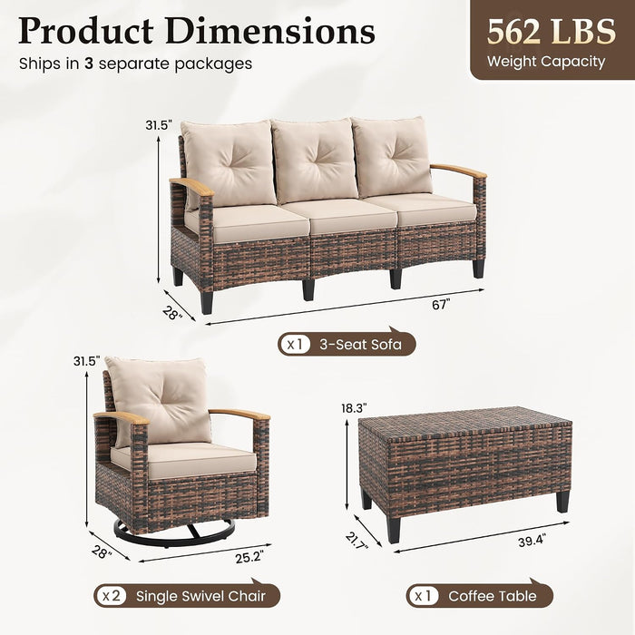 Patio Furniture Set, 4 Pieces Outdoor Patio Conversation Sets with Swivel Chairs, Wicker Patio Furniture Set with Storage Table, Outdoor Couch Set for Balcony, Porch, Deck, Backyard, Beige
