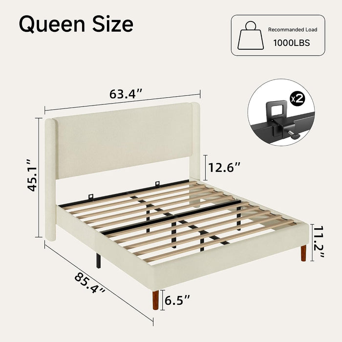 Queen Bed Frame, Boucle Upholstered Platform Bed with Iron & Wood, Beige