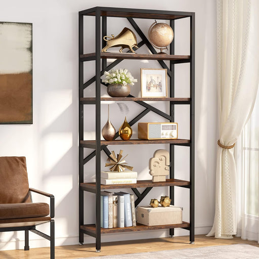 71 Inch Industrial Bookshelf, 6 Shelf Etagere Bookcase, Free Standing Open Book Shelves Storage Display Shelf, Wood Shelving Units Organizer Rack for Bedroom Home Office Living Room