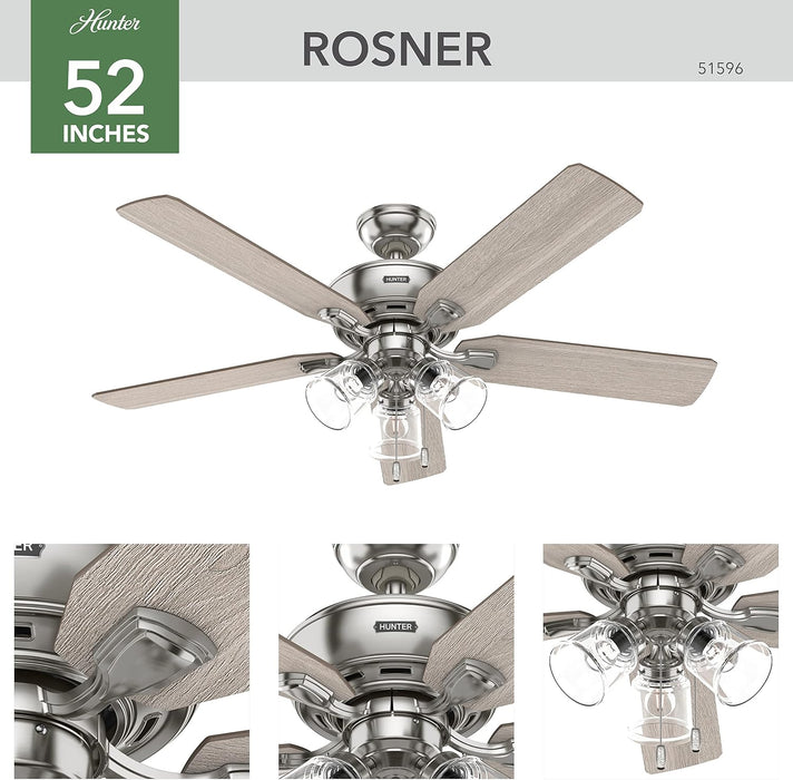 Rosner, Indoor, Ceiling Fan, Standard Mount, 52 Inch, Brushed Nickel