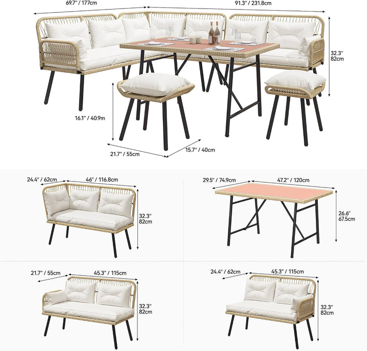 L-Shaped Rattan Patio Furniture Set Light Brown Beige
