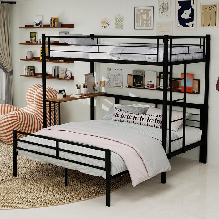 Black LShaped TwinOverFull BunkBedDesk HeavyDuty Metal