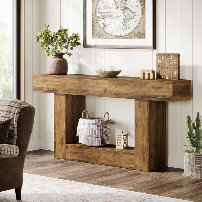 63" Console Table, Farmhouse 2-Tier Entryway Table with U-Shaped Base, Narrow Long Wood Sofa Table behind Couch Table for Living Room, Hallway, Foyer, Vintage Brown