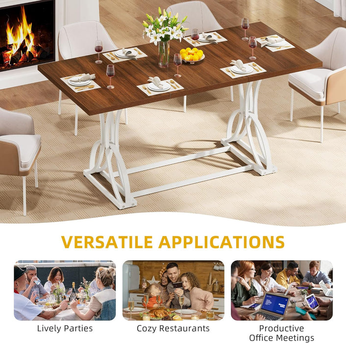 70.3" Large Modern Dining Table for 6-8 People, Rectangular Walnut Kitchen Dining Room Table with Thick Tabletop and White Geometric Metal Legs, Farmhouse Wood Dinner Tables