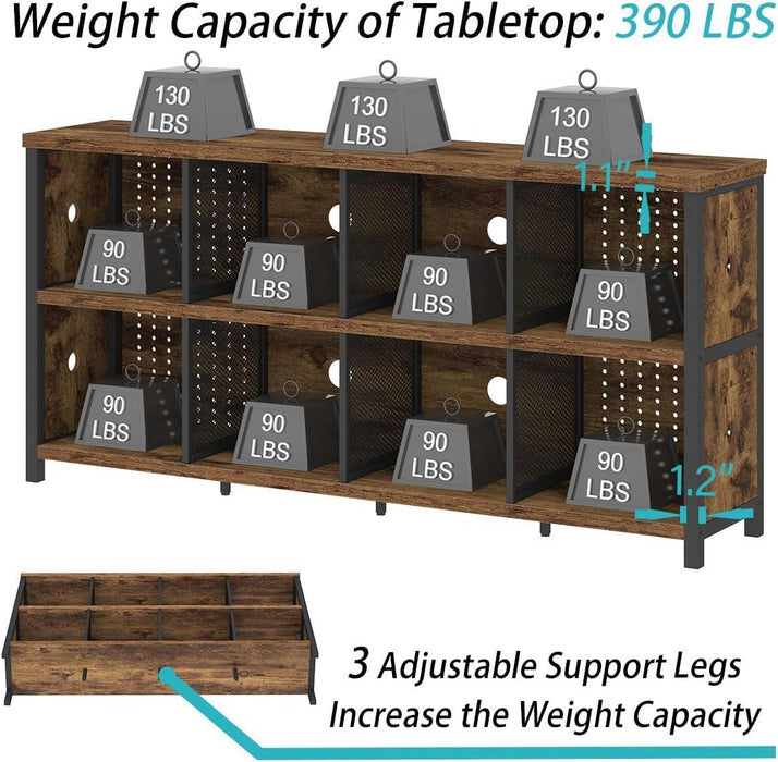Rustic Horizontal Bookshelf, Industrial Bookcase Cube Storage Organizer, Wide Large Metal Wooden Office Cube Shelf, Farmhouse Low Long Book Shelf for Home Bedroom Living Room, Rustic Brown, 63 In