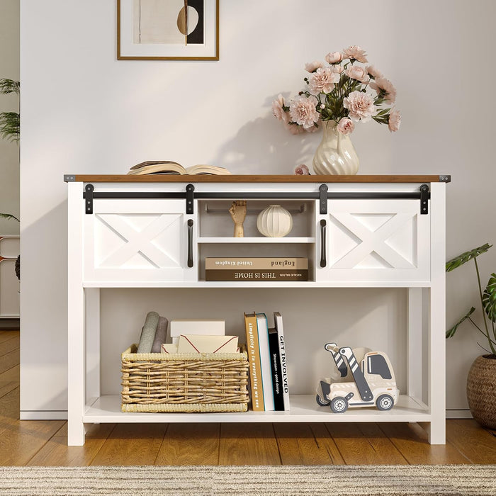 Farmhouse Entryway Table with LED Light, Sofa Table with Sliding Barn Door, Adjustable Open Shelves, 46" Rustic Console Table with Storage, Antique White Hallway for Living Room Bedroom