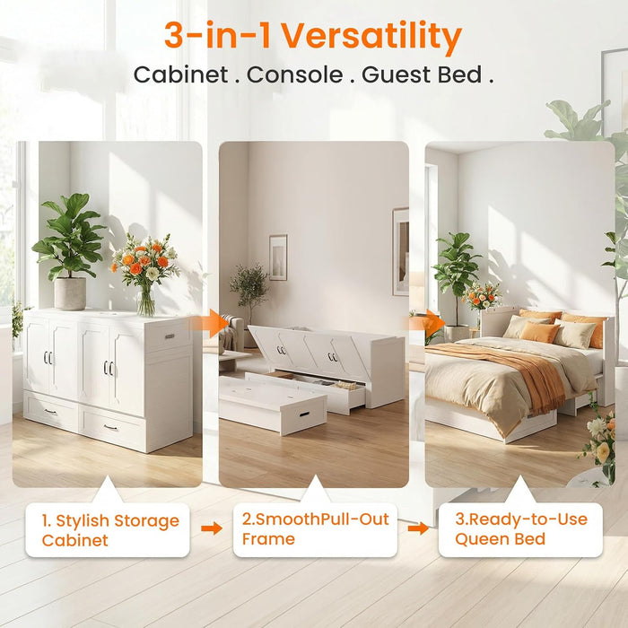 Queen Murphy Bed With Mattress White StorageDrawer