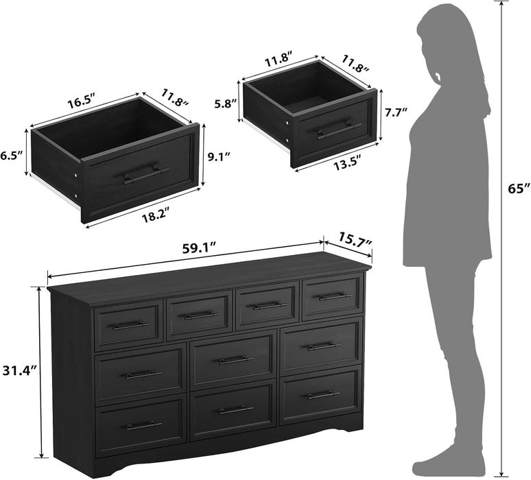 Black Dresser for Bedroom, 10 Drawer Dresser, 59" Wide Chest of Drawers W/Brushed Metal Handle, Wood Dressers TV Stand, Closet Organizers and Storage Cabinet for Bedroom, Living Room, Hallway