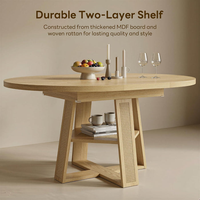 Dining Table, 43"-59" Extendable round Table with Storage, Natural