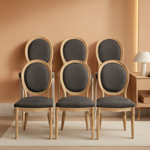 Upholstered Dining Chairs Set of 6 French Country Oval Fabric Back Kitchen Side Chair with Wood Legs for Dining Room, Kitchen, Restaurant(Dark Grey-Fabric)
