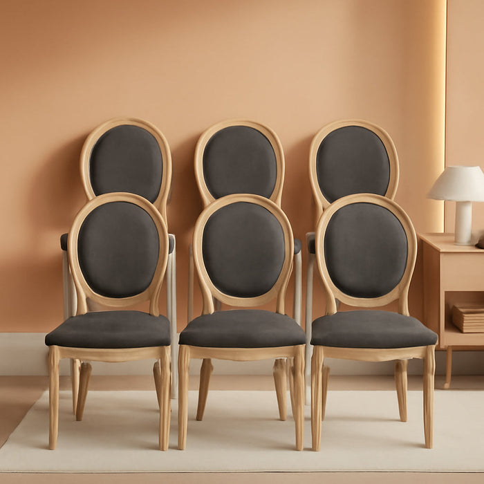 Upholstered Dining Chairs Set of 6 French Country Oval Fabric Back Kitchen Side Chair with Wood Legs for Dining Room, Kitchen, Restaurant(Dark Grey-Fabric)