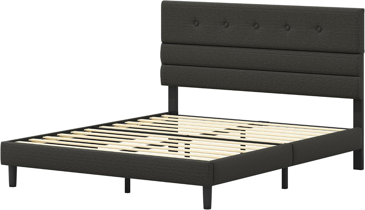 Queen Size Bed Frame with Linen Fabric Headboard, Adjustable Height Upholstered Platform Bed Frame with Wooden Slats, Easy Assembly, Black
