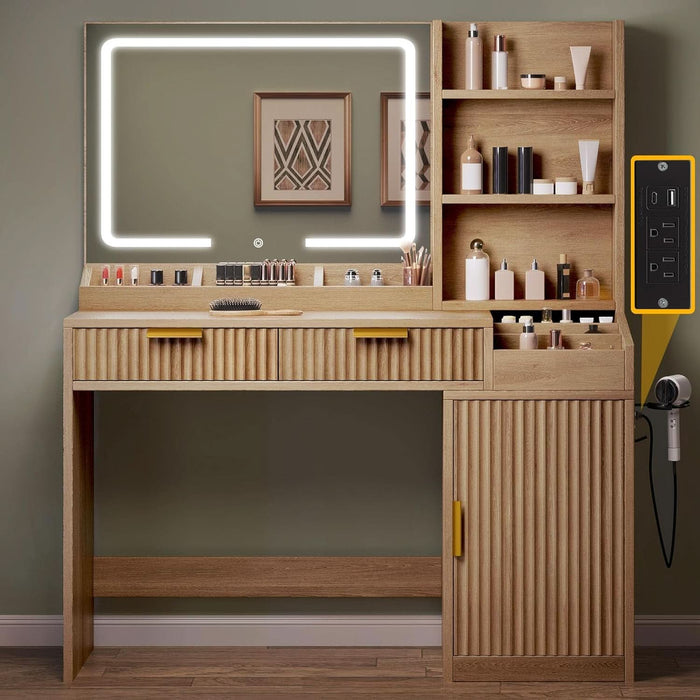 Fluted Makeup Vanity Desk with Large 27" Mirror and Lights, Modern Big Makeup Table with Power Outlet, 11 Shelves & 2 Drawers, 3 Color Lighting Modes, Dressing Table Vanity Set for Bedroom, Oak