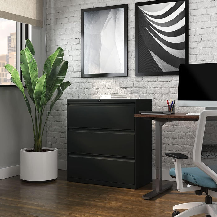 3-Drawer Lateral File Cabinet, 36 Inch Wide, Locking, Black