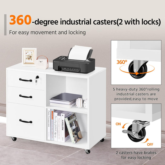 3-Drawer File Cabinet, Mobile Lateral Filing Cabinet Printer Stand with Open Storage Shelves under Desk Organization for Home Office, White