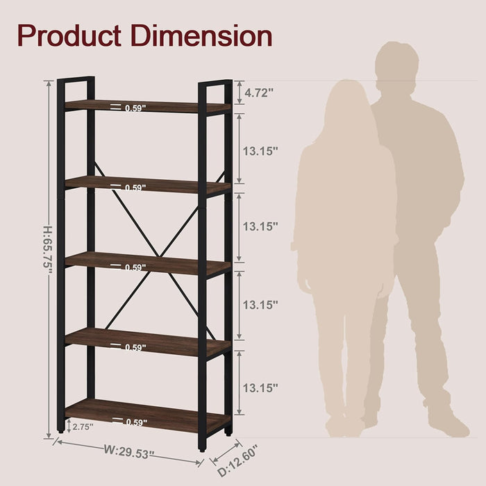 5 Tier Industrial Bookshelf Dark Walnut WoodFinish