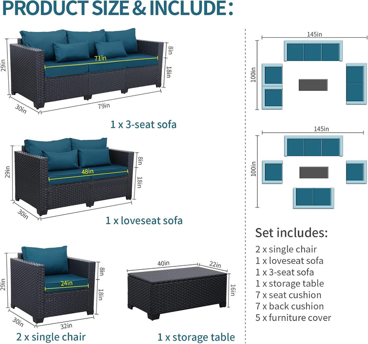 Patio Furniture Set 5 Pieces Outdoor Furniture Sets Patio Couch Outdoor Chairs Coffee Table Peacock Blue Anti-Slip Cushions and Waterproof Covers