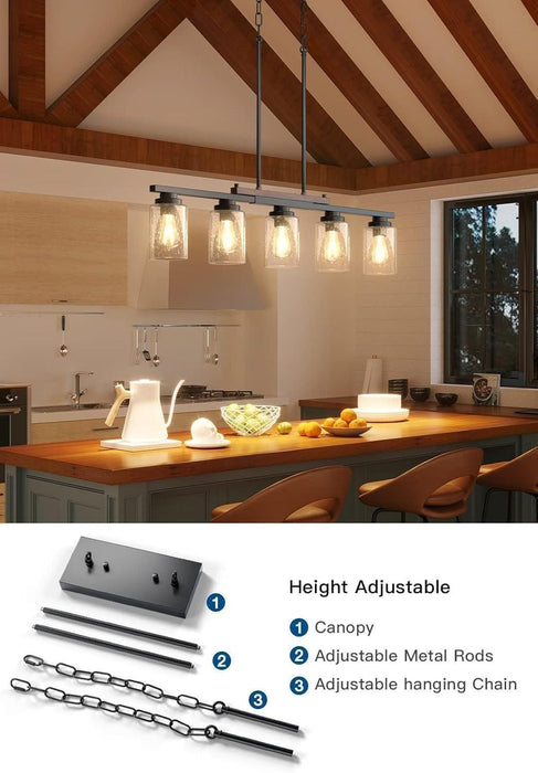Dining Room Light Fixture 5-Light Kitchen Island Lighting with Adjustable Rods, Farmhouse Decor Black Metal & Wood Chandelier with Seeded Glass Shade, Island Lights for Kitchen