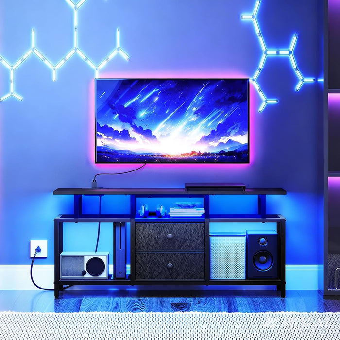 TV Stand with LED Light and Power Outlets, Entertainment Center with Fabric Drawers and Open Shelves, 41.7" TV Cabinet for Tvs up to 45 Inch, Media Console for Living Room, Bedroom, DS03UDBB