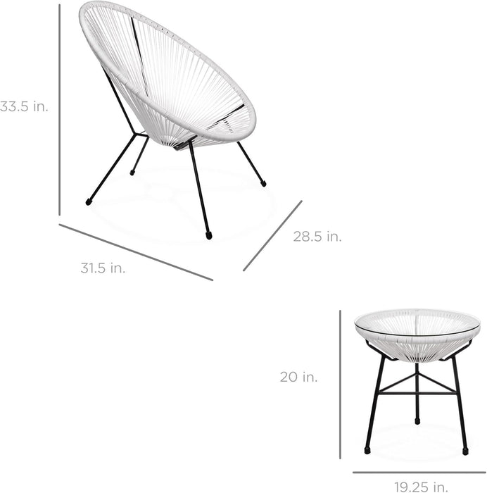 3-Piece Outdoor Acapulco All-Weather Patio Conversation Bistro Set W/Plastic Rope, Glass Top Table and 2 Chairs - White